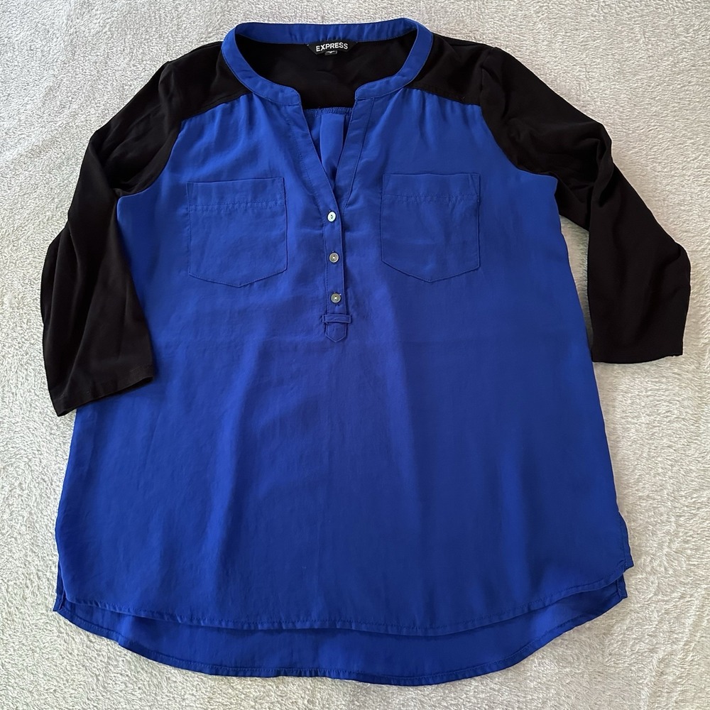Express Royal Blue Black 3/4 Sleeve Semi Sheer Popover Blouse Women's Medium